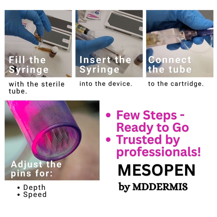 Step-by-step guide on using Microneedling MESOPEN by MDDERMIS with close-up images of hands performing actions.