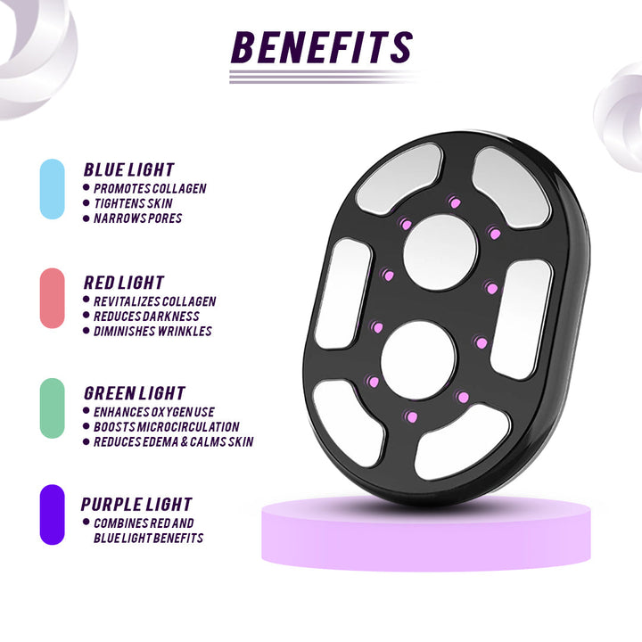 Light therapy device with benefits listed on a white background