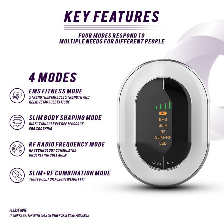 Electric massager device for body sculpting with digital display and key features listed on a white background