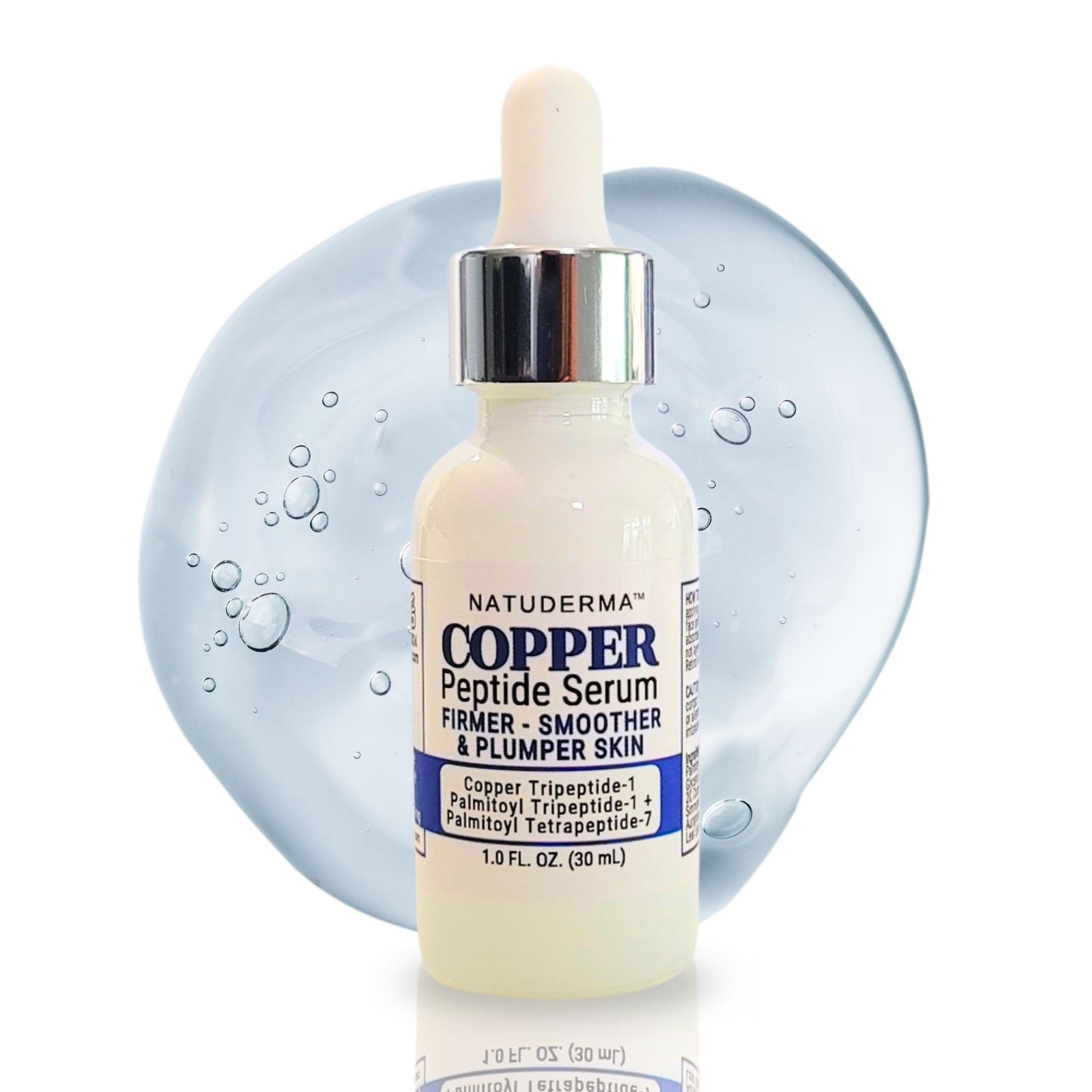 A bottle of Natuderma Copper Peptide Serum with a white dropper cap and silver collar, set against a light blue translucent serum droplet on a white background.