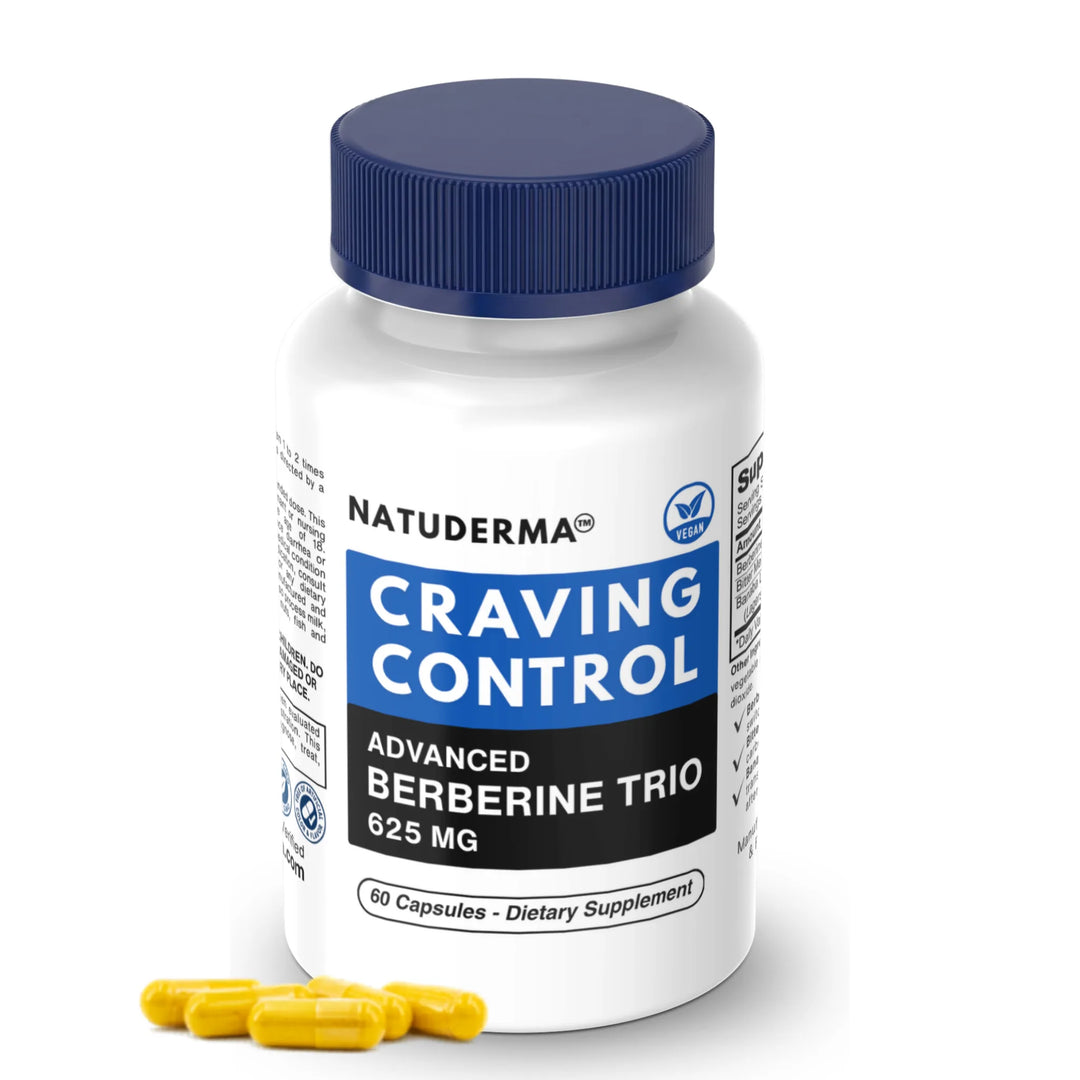 Natuderma Craving Control Berberine supplement bottle with blue cap and yellow capsules on a white background