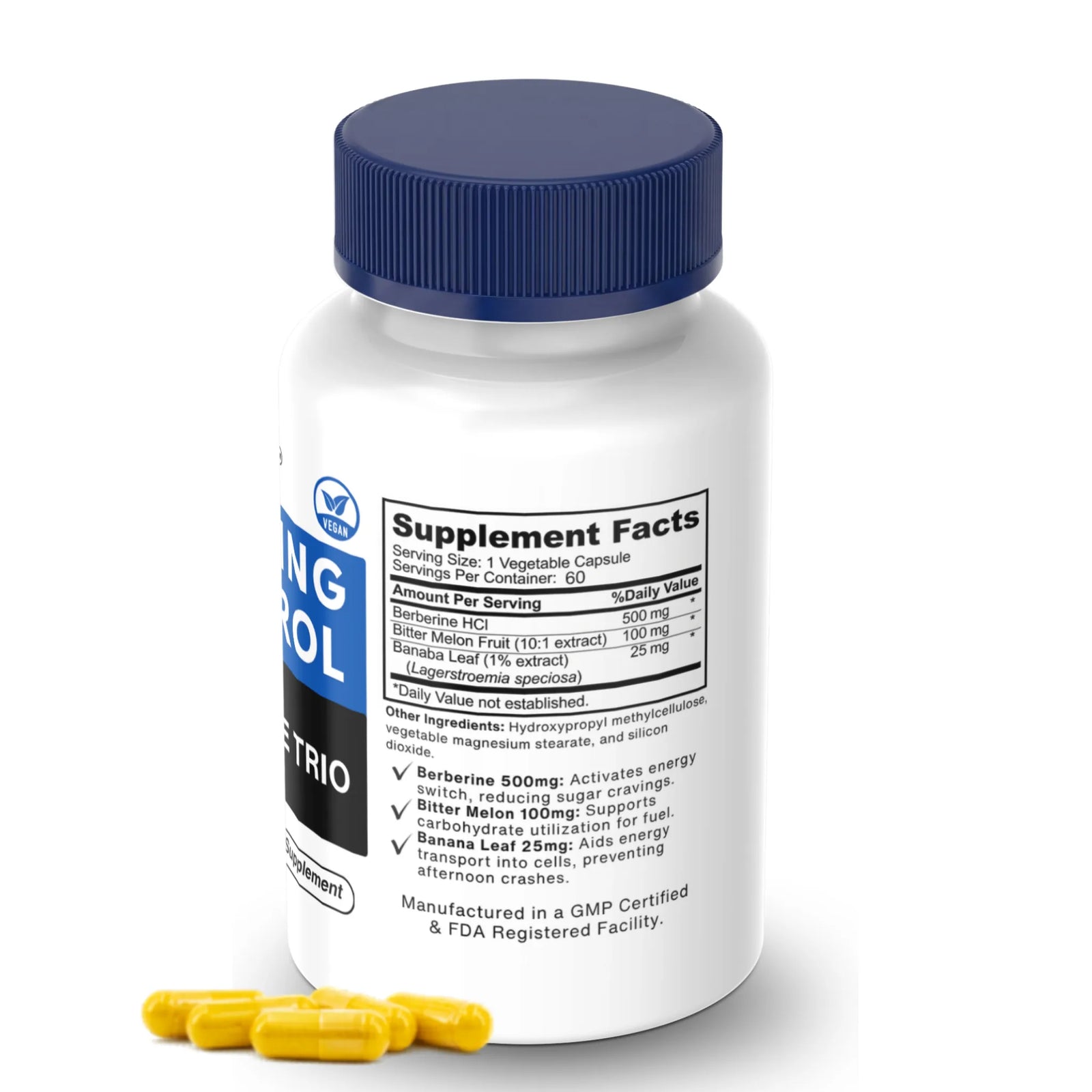 Berberine Supplement bottle with blue cap and white label on a white background