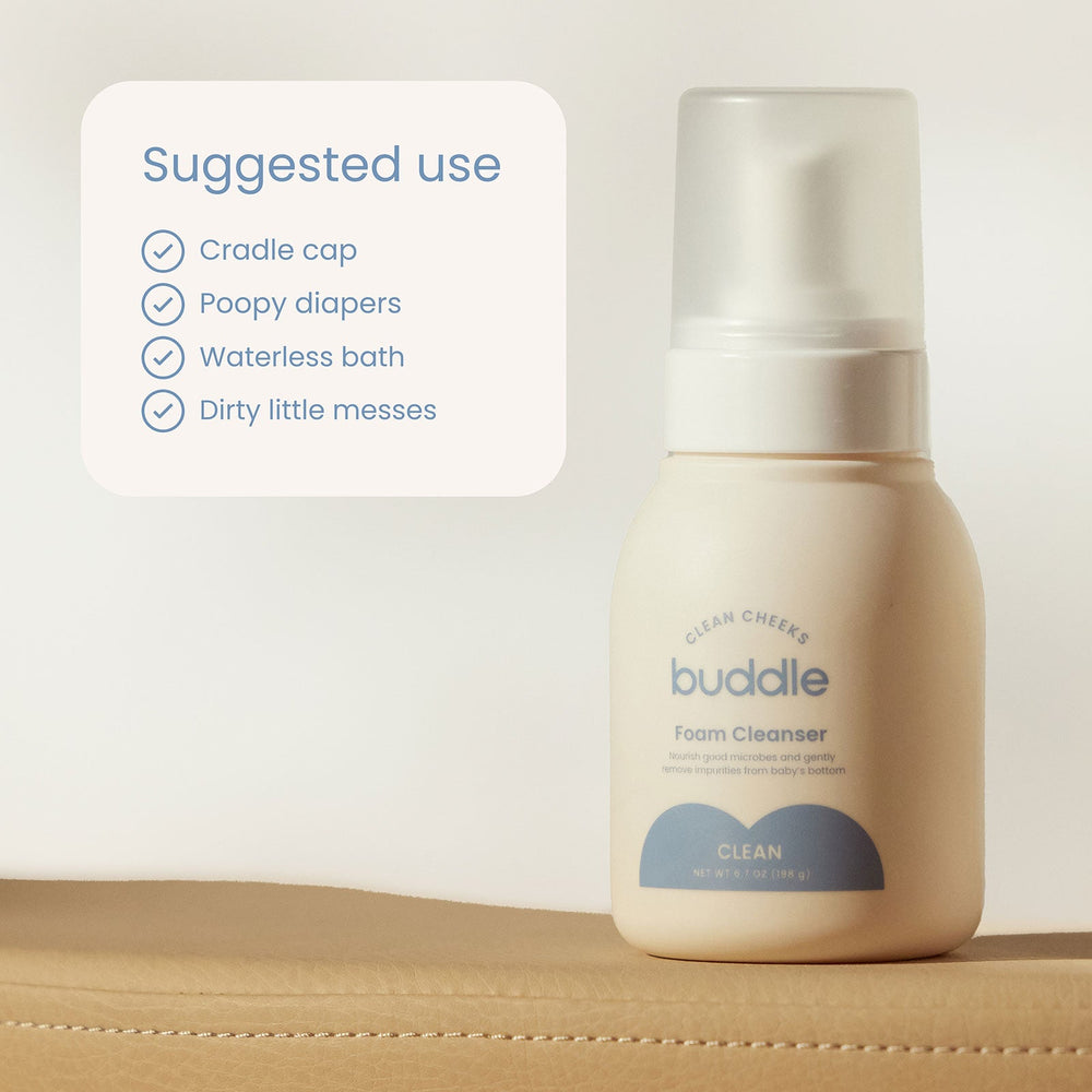 Foam cleanser bottle with suggested use text on a beige background