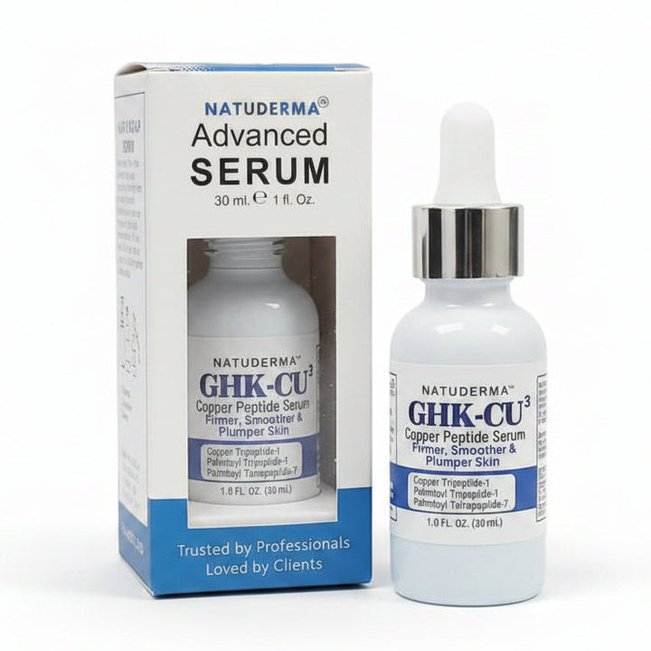 Natuderma Advanced Serum GHK-CU face serum shown with its blue and white retail box and the clear dropper bottle on a white surface.
