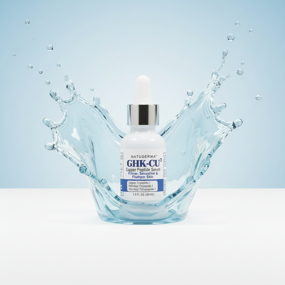 A white dropper bottle of NATUderma GHK-CU Copper Peptide Serum stands centered in a stylized splash of translucent blue water against a pale blue background.