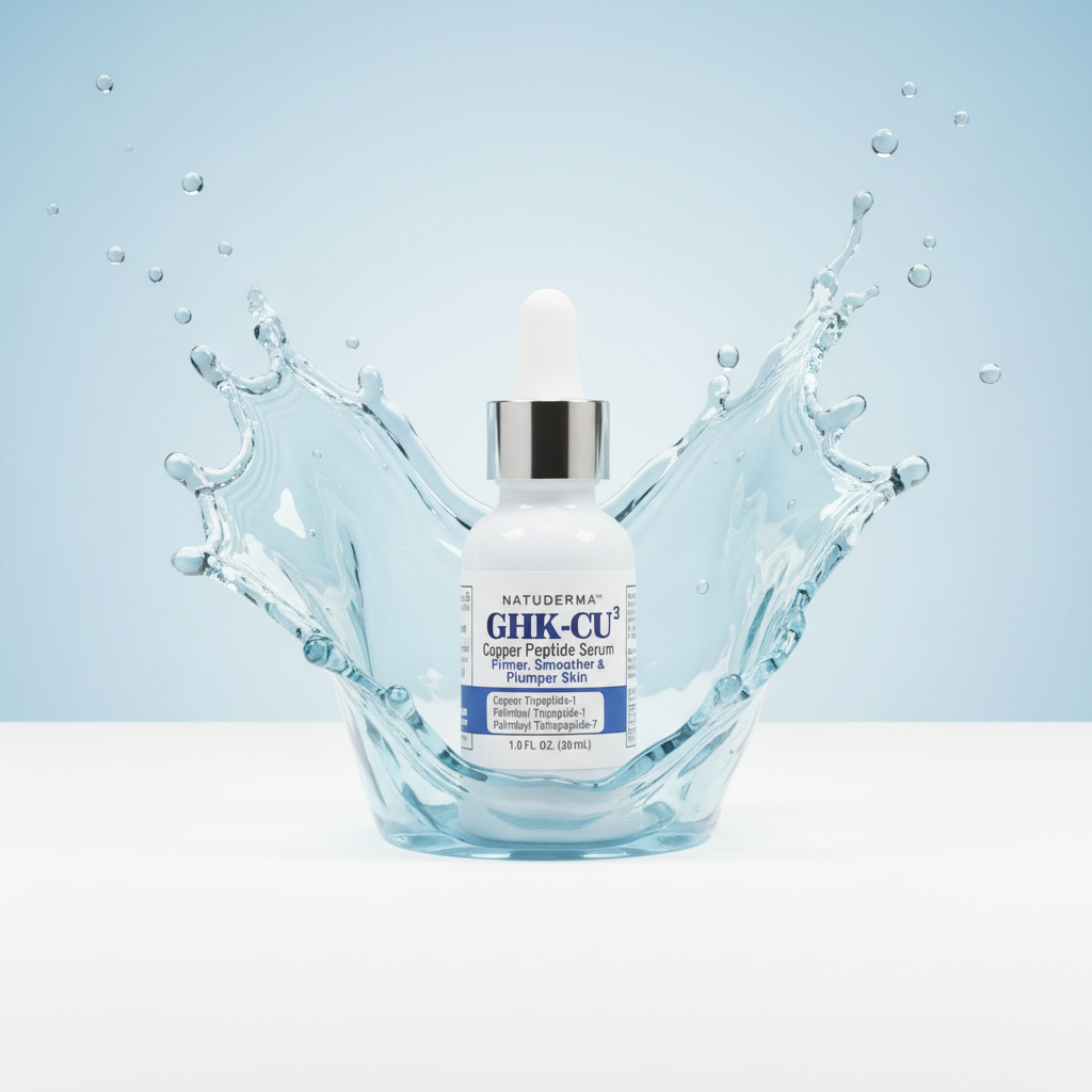 A white dropper bottle of NATUderma GHK-CU Copper Peptide Serum stands centered in a stylized splash of translucent blue water against a pale blue background.
