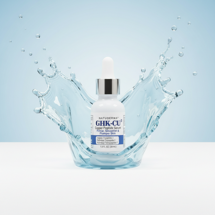 A white dropper bottle of NATUderma GHK-CU Copper Peptide Serum stands centered in a stylized splash of translucent blue water against a pale blue background.