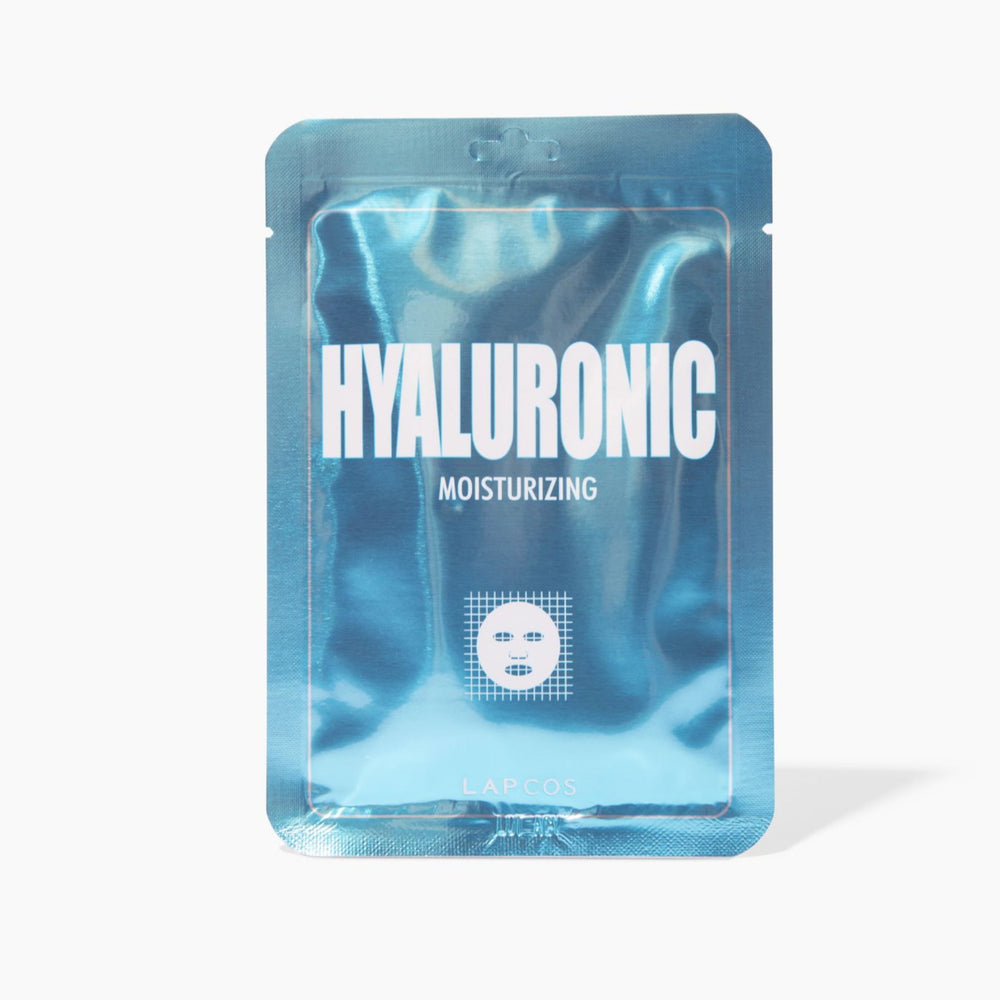 Hyaluronic moisturizing sheet mask packaging on a white background