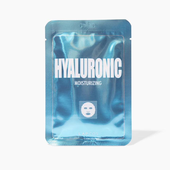Hyaluronic moisturizing sheet mask packaging on a white background