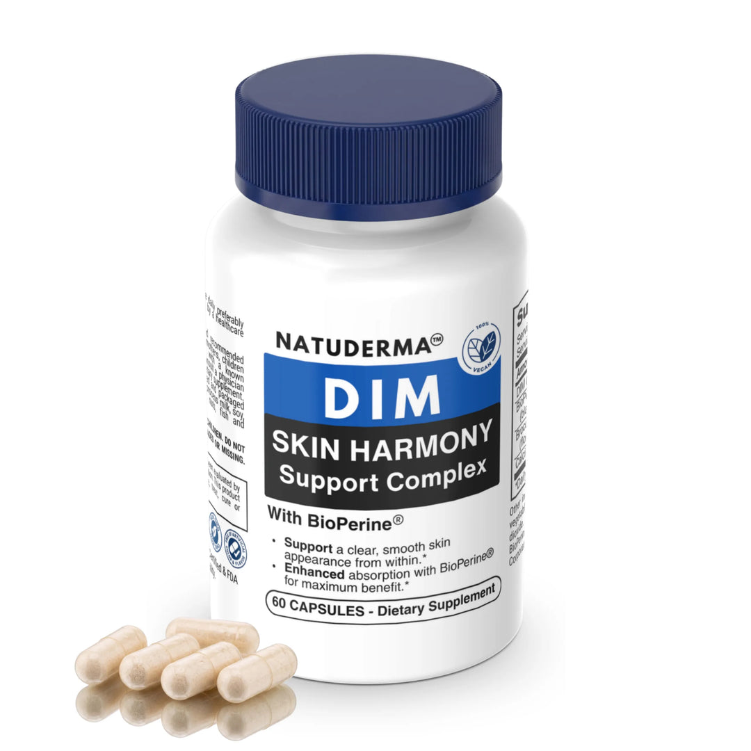 White bottle of Natuderma DIM Skin Harmony Supplement with clear skin capsules on a white background.