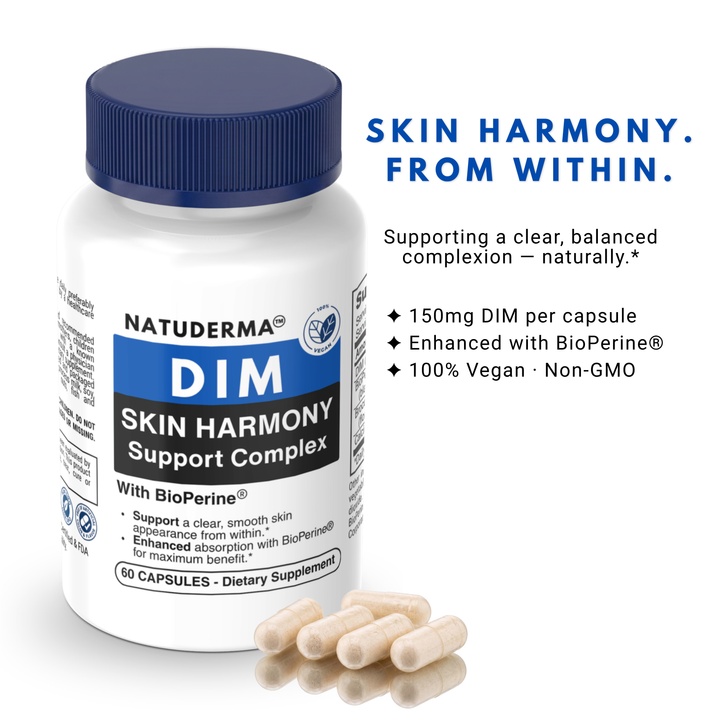 Natuderma DIM Skin Harmony Support Complex bottle with capsules on a white background