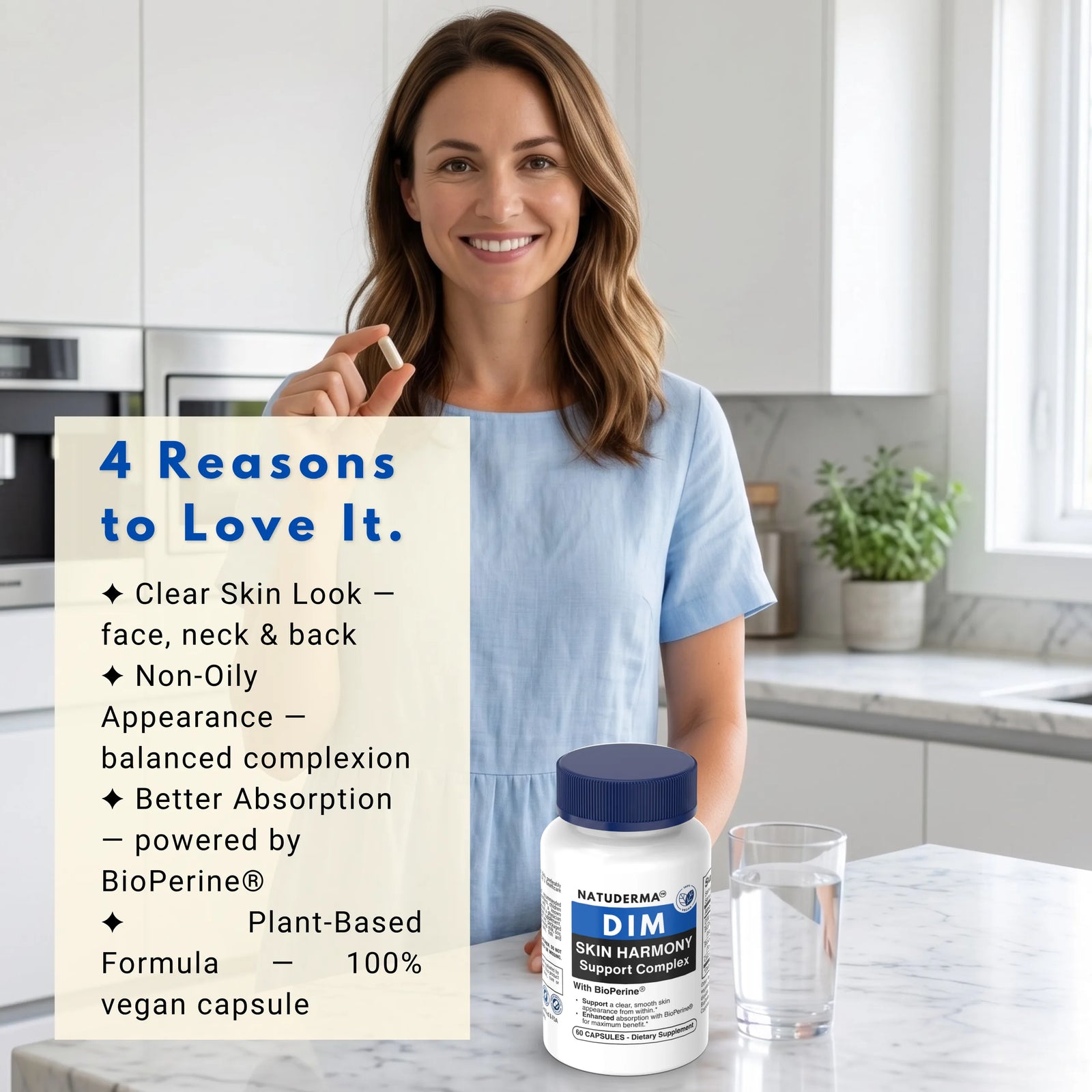 A smiling woman with clear, balanced complexion holding a bottle of Natuderma DIM Skin Harmony Complex