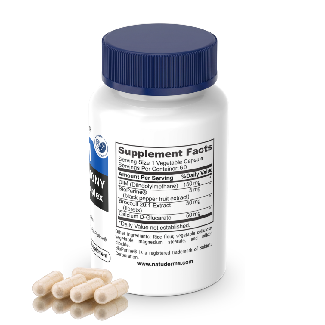 Natuderma DIM Supplement bottle with blue cap and white label on a white background