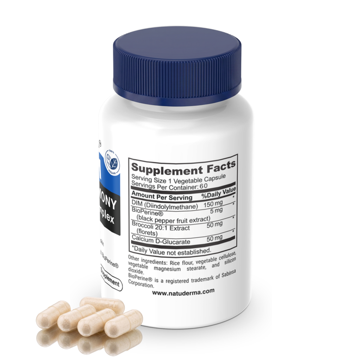 Natuderma DIM Supplement bottle with blue cap and white label on a white background