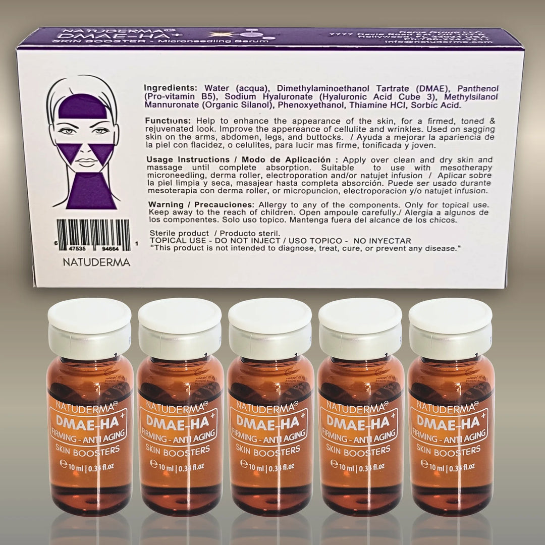 Set of Natuderma DMAE-HA skin booster, 5 Vials of Microneedling Serum, with packaging in the background. 
