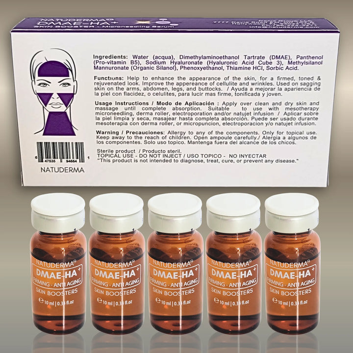 Set of Natuderma DMAE-HA skin booster, 5 Vials of Microneedling Serum, with packaging in the background. 