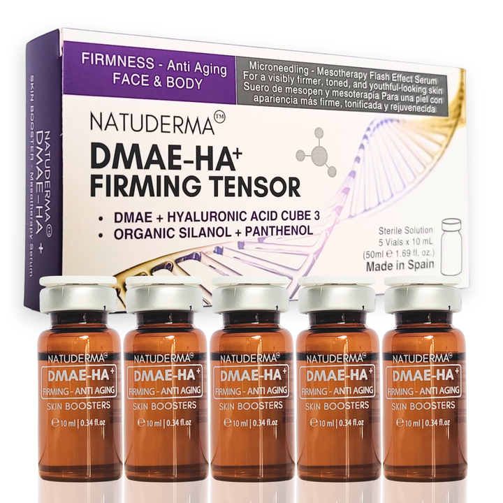 Natuderma DMAE-HA+ Firming Tensor, Hyaluronic acid microneedling serum, packaging with 5 Vials on a white background 