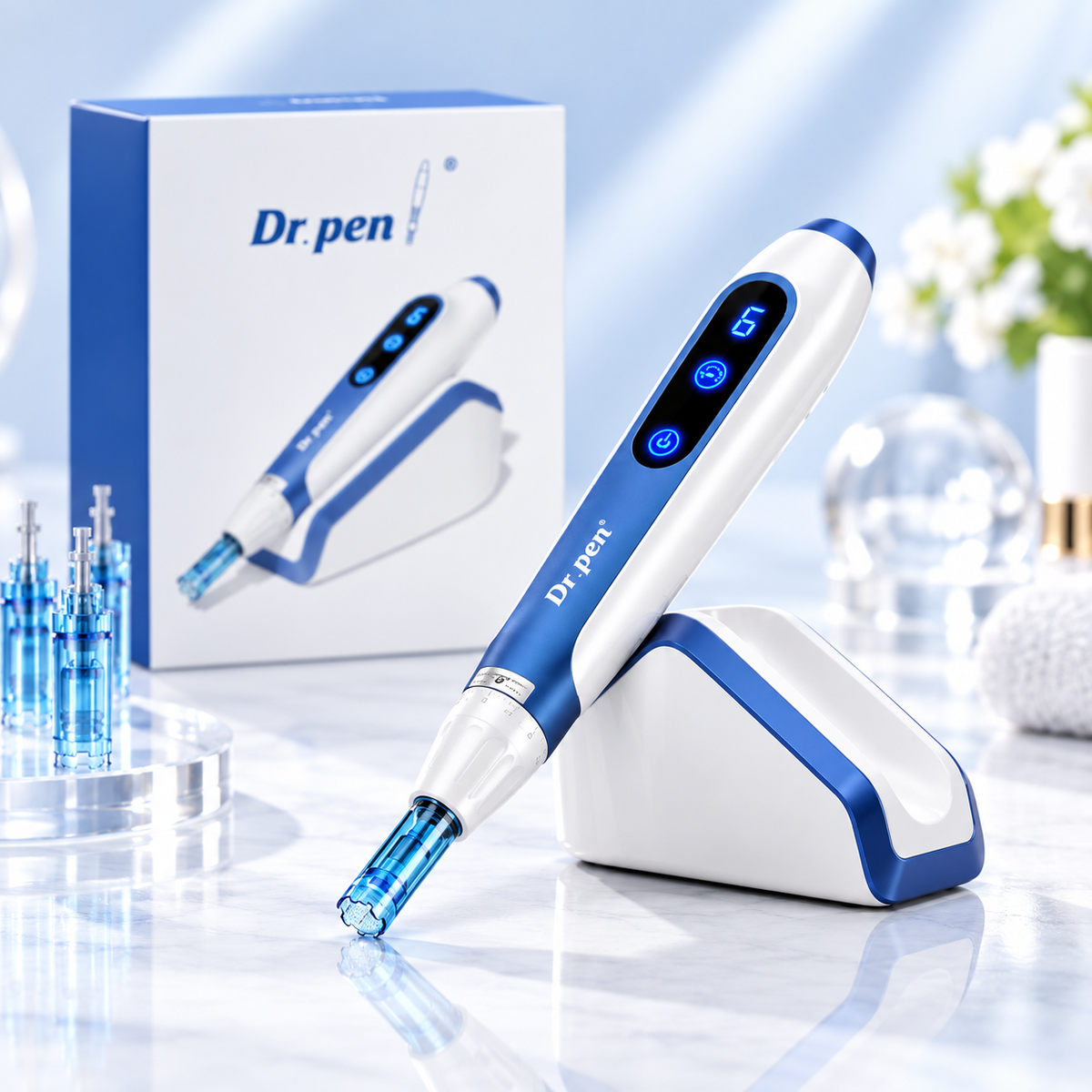 Dr pen electronic derma pen device in blue and white, displayed on its charging stand with its retail box in the background, set on a reflective white surface with cosmetic vials and soft decorative props.