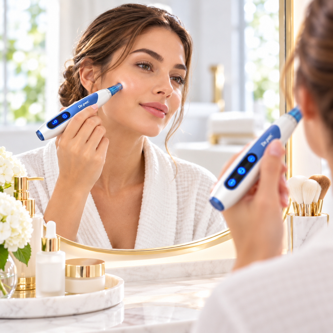 A woman in a white robe applies an Dr.pen device to her cheek while looking into a mirror in a bright, modern bathroom.