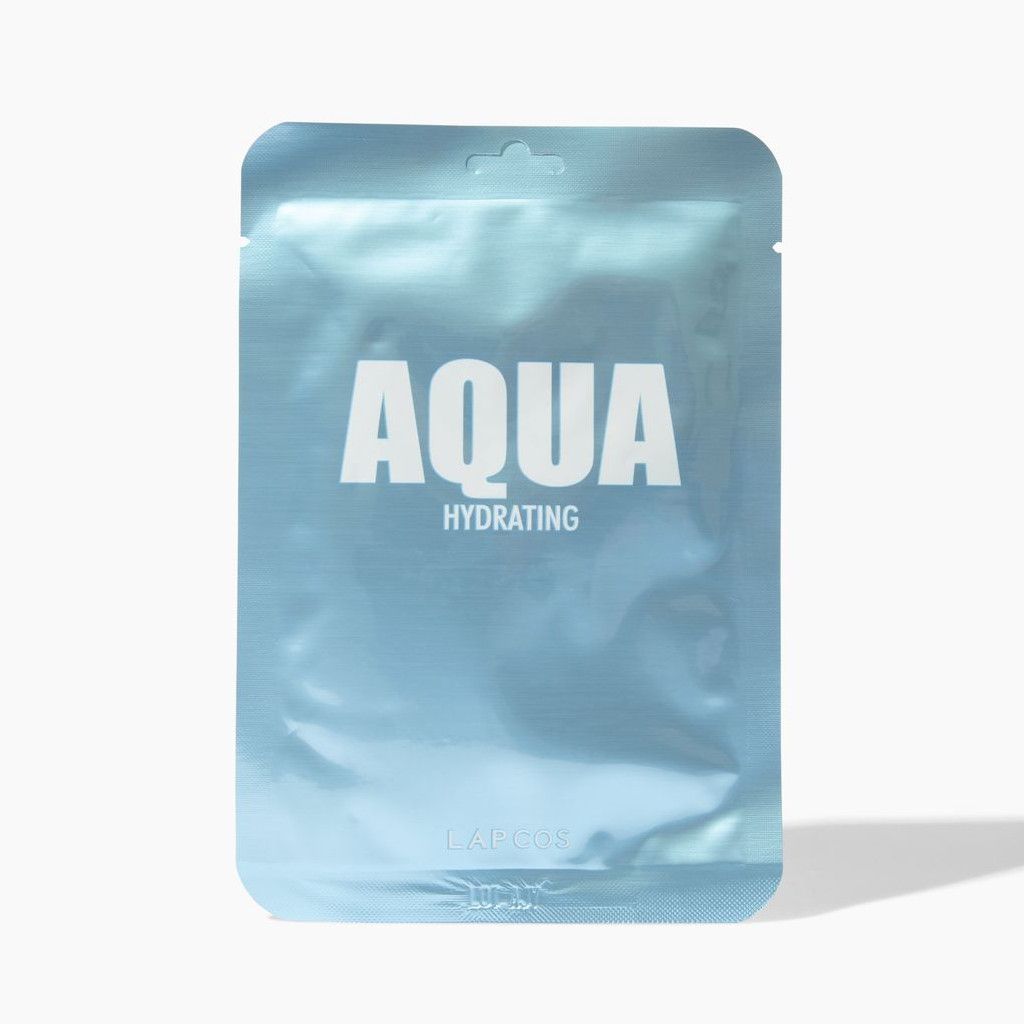 Aqua hydrating sheet mask packaging on a white background