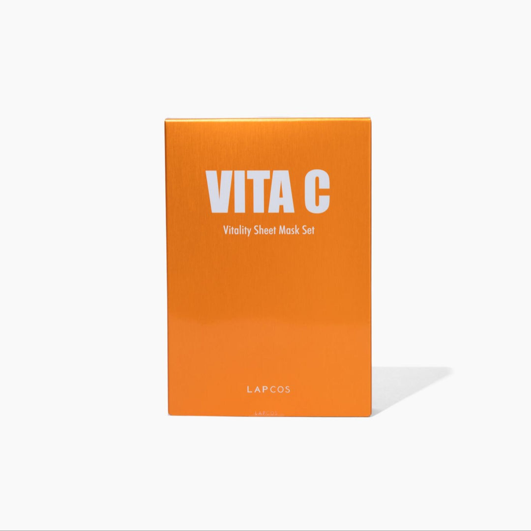 Vitality Sheet Mask Set in Orange box with 'Vita C' and 'Lapcos' text on a white background