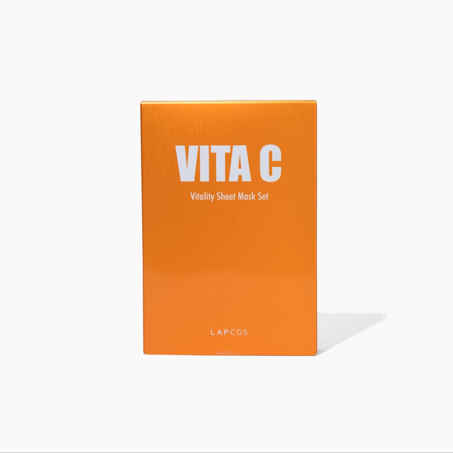 Vitality Sheet Mask Set in Orange box with 'Vita C' and 'Lapcos' text on a white background