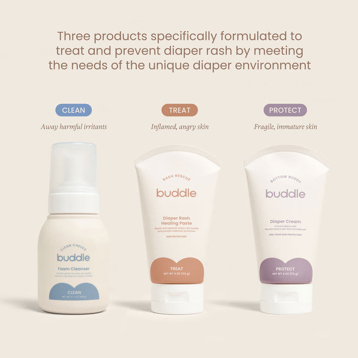 Three diaper rash treatment products from the brand 'buddle' on a beige background.
