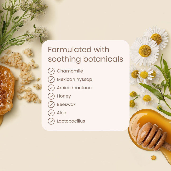 Product formulation with soothing botanicals on a beige background with flowers and honeycomb.