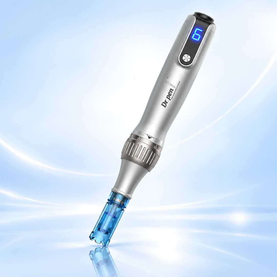 A silver handheld microneedling Pen M8s, beauty device with a blue digital display and a transparent blue tip, shown on a light blue abstract background. 