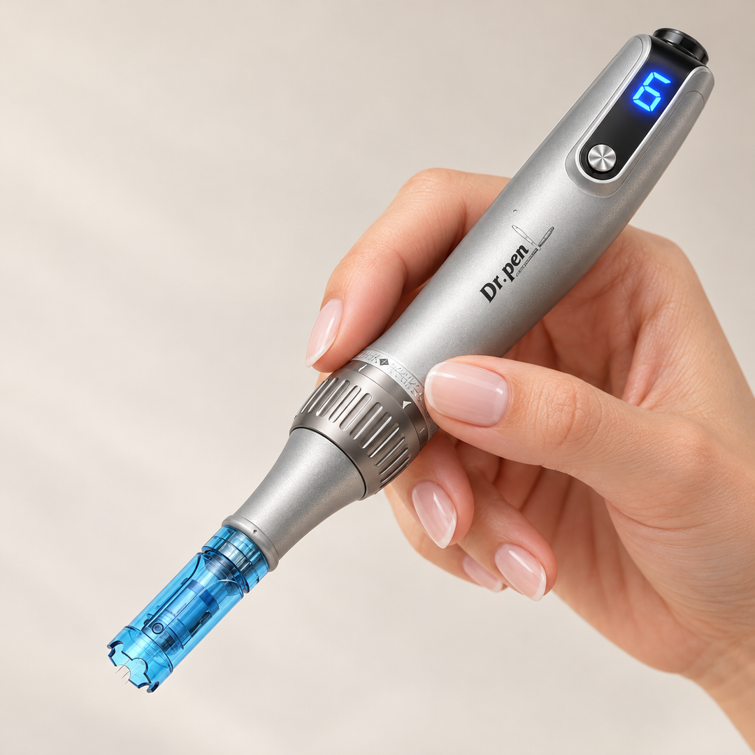 A hand holding a silver Dr.pen micro-needling device with a blue transparent needle cartridge and a digital display screen showing &