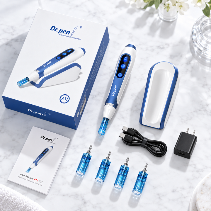 Dr. pen A11  derma pen kit with its white and blue retail box, pen device, charging dock, four blue needle cartridges, USB cable, power adapter, and user manual, arranged on a white marble surface.