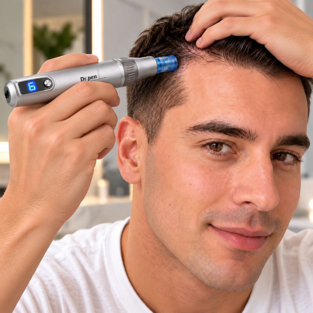 A close-up of a man using a silver and blue Dr. pen handheld micro-needling device on his scalp, with his other hand holding his hair.
