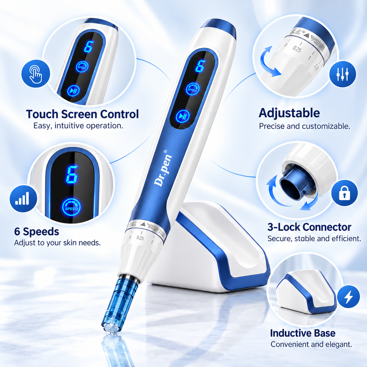 Blue and white Dr. Pen shown with callout circles highlighting features: touch screen , 6 speeds, base