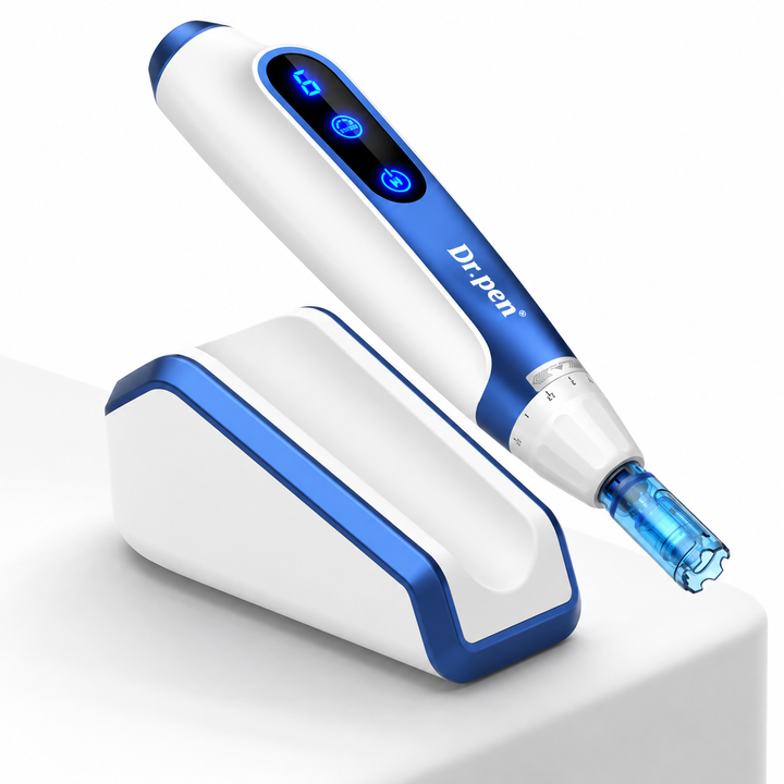 A white and blue Dr.pen dermopen with a digital display and clear tip, resting on a matching white and blue charging stand against a clean white background.