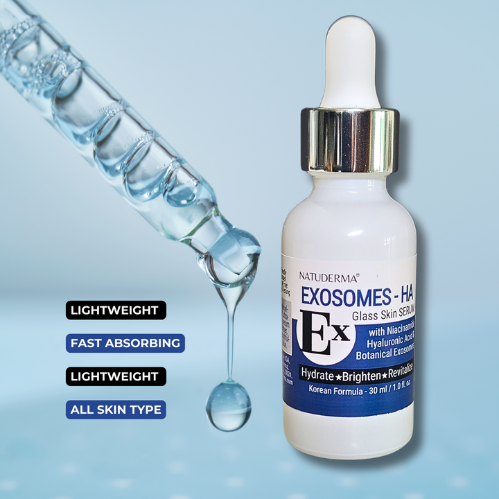 Exosome_HA Glass skin rejuvenating, brightening, face serum with hyaluronic Acid, niacinamide, and phyto-exosomes. Lightweight fast absorbing, All skin type.