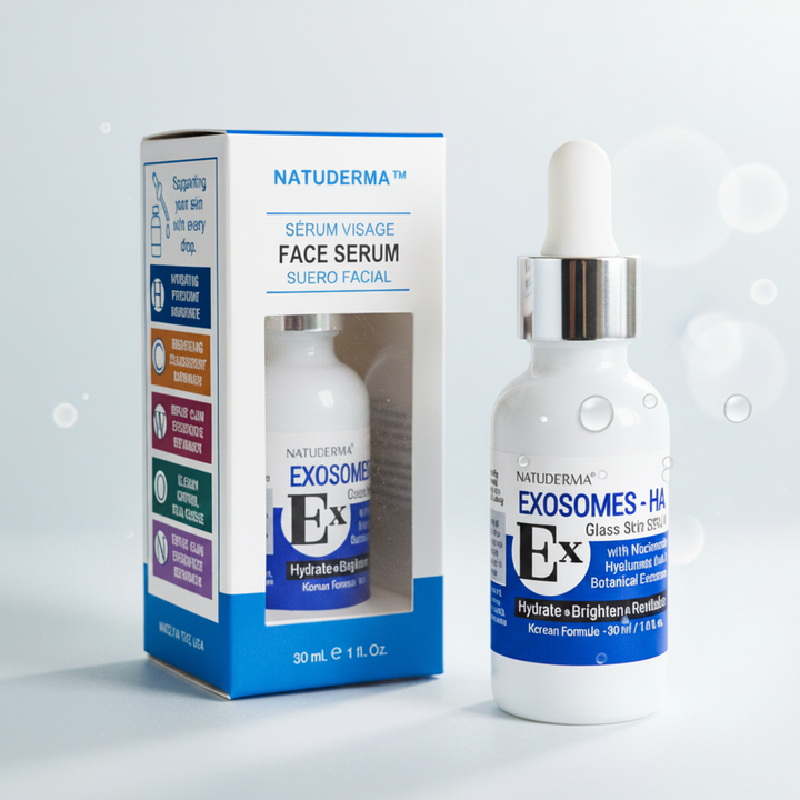 NATUDERMA Exosomes-HA Class A Face Serum shown with its blue and white retail box and the white dropper bottle on a clean light gray background with soft decorative bubbles.