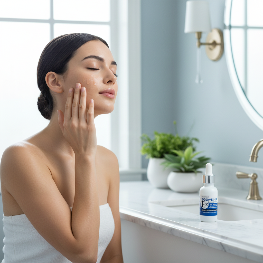 woman applying Natuderma exosome serum on her face