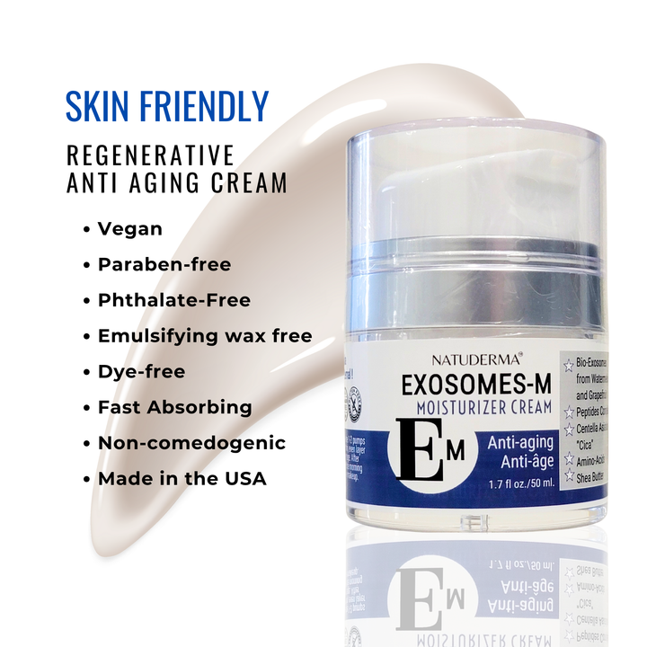 Natuderma Exosomes-M moisturizer cream with product details on a white background