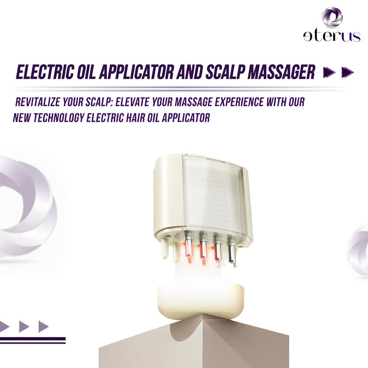 Electric mesotherapy vial and oil applicator and scalp massager with 'eterus' branding on a white background