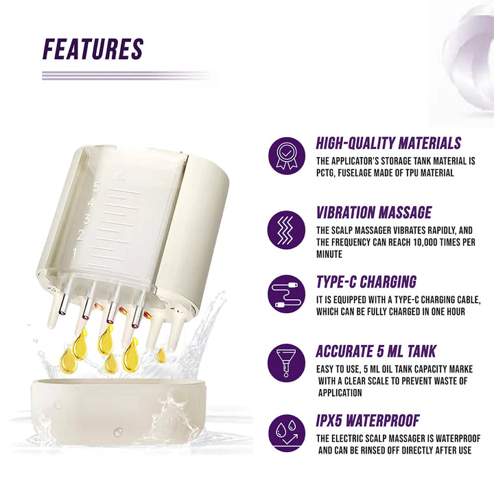 White scalp massager with features listed on a white background