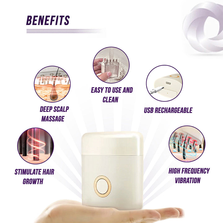 Scalp massager, mesotheray applicator, Product with benefits listed on a white background