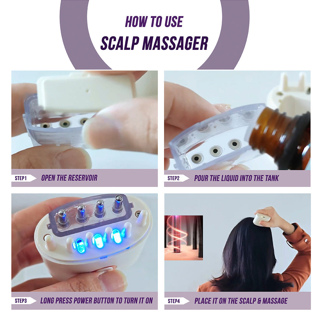 Instructions on how to use a scalp massager with step-by-step guide.