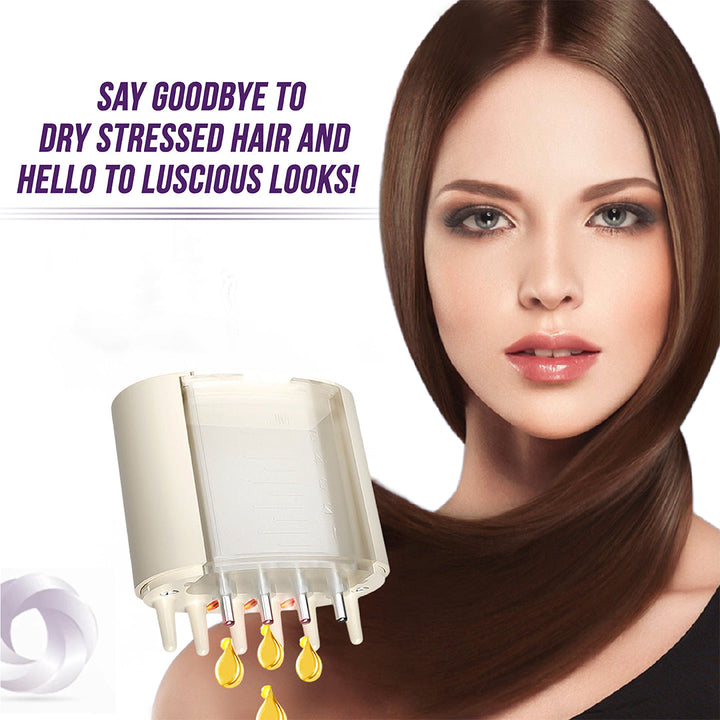 Woman with long brown hair next to a hair care product with text about dry stressed hair.
