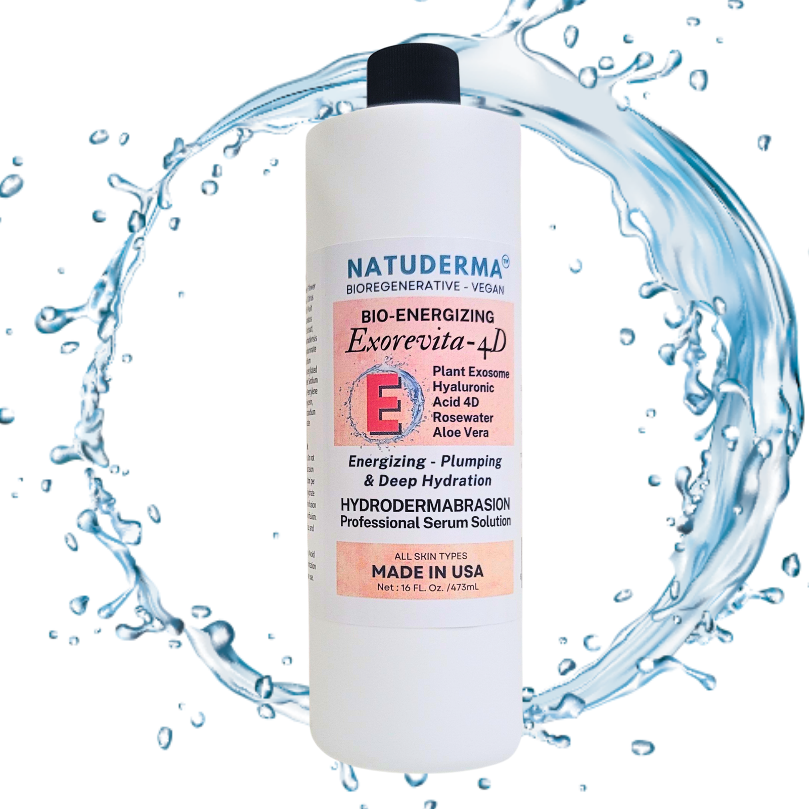 Natuderma Exorevita-4D skincare serum bottle with water splash background