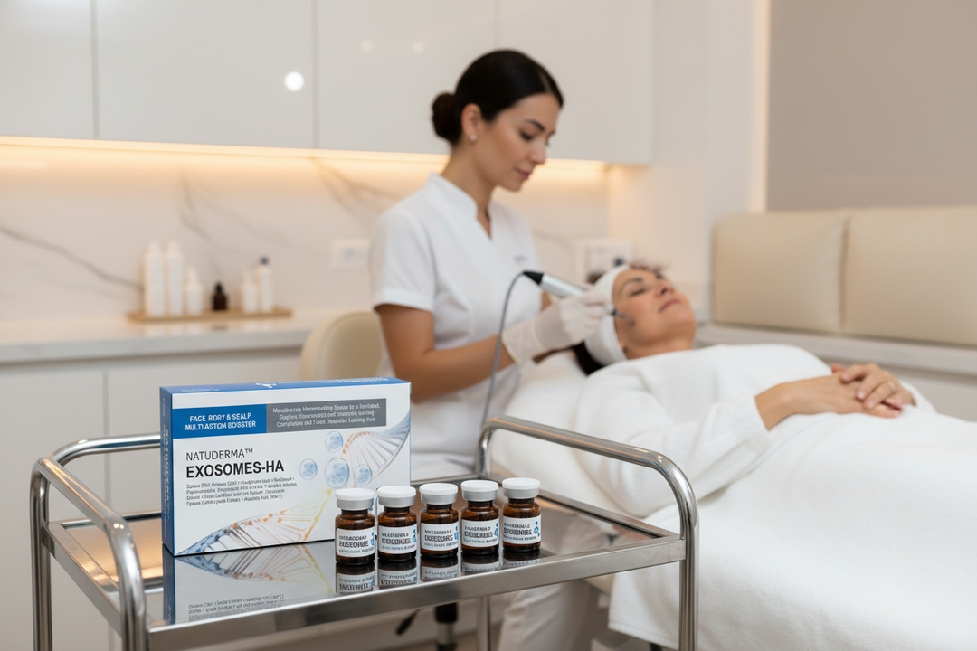 A skincare treatment scene in a bright treatment room, with a nurse applying a facial mask to a client lying on a treatment bed. In the foreground, a metal cart holds a blue and white box labeled &