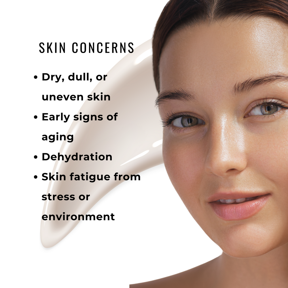 Woman's face with text listing skin concerns on a white background