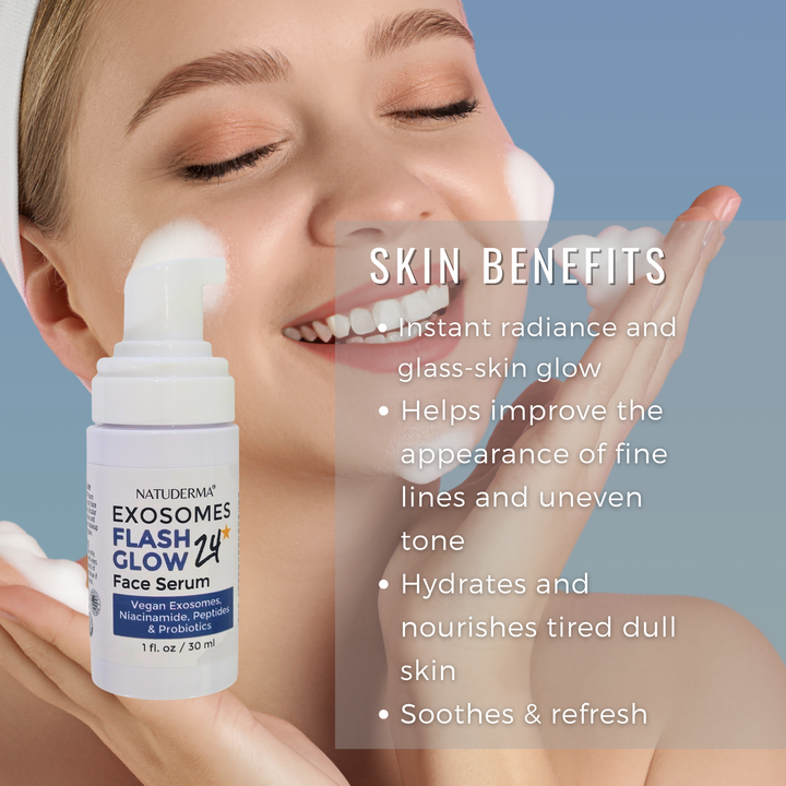 FLASH GLOW24 – Foaming Glass Skin Serum with Exosomes, Peptides & Niacinamide | Instant Glow Daily Face Serum (1oz)