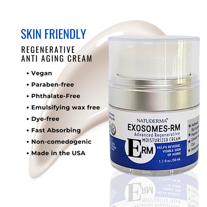 Natuderma Exosomes-RM anti-aging cream jar with application smear on white background, Regenerative anti aging cream with exosome for skin