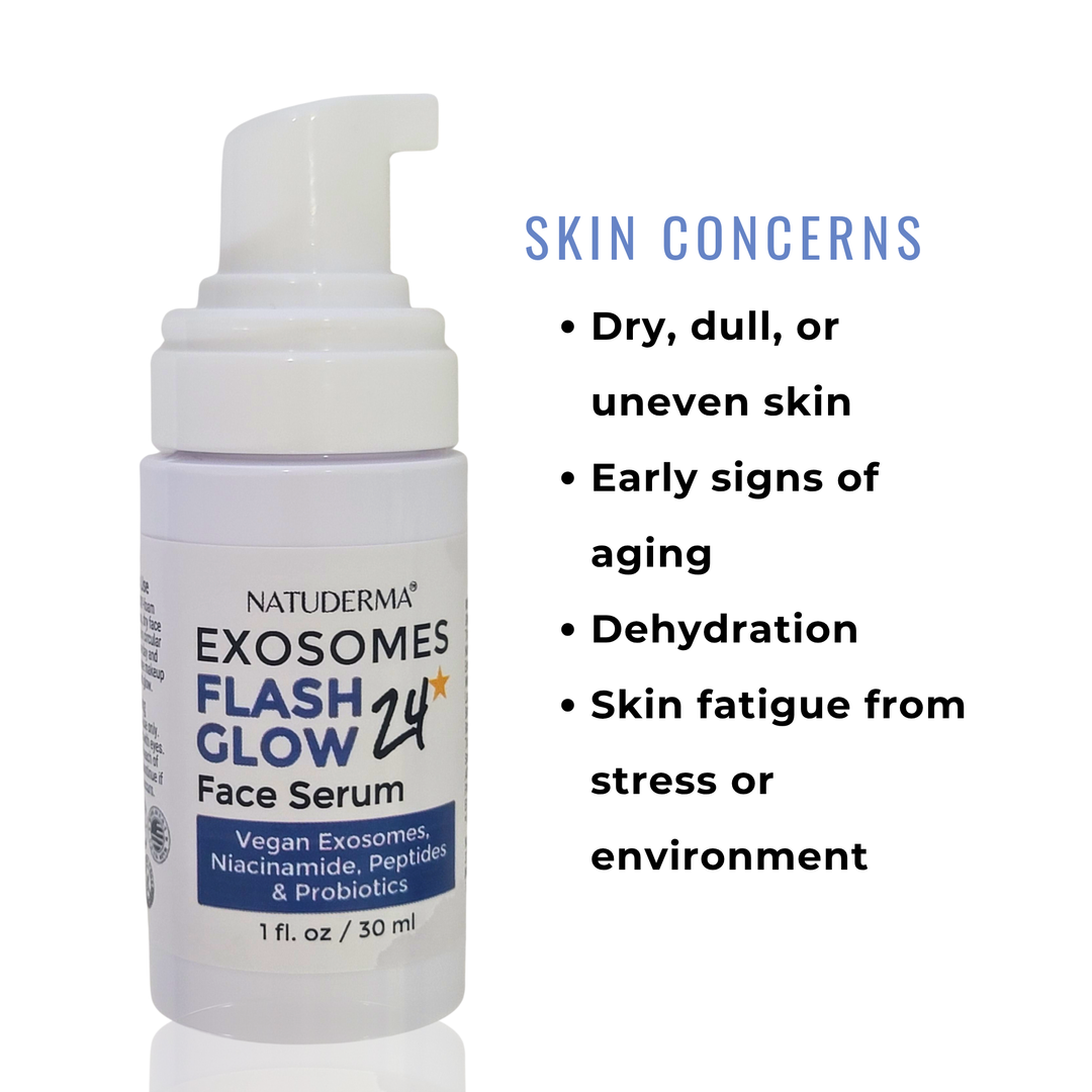Natuderma Exosomes Flash Glow 24 Face Serum bottle with text on skin concerns.