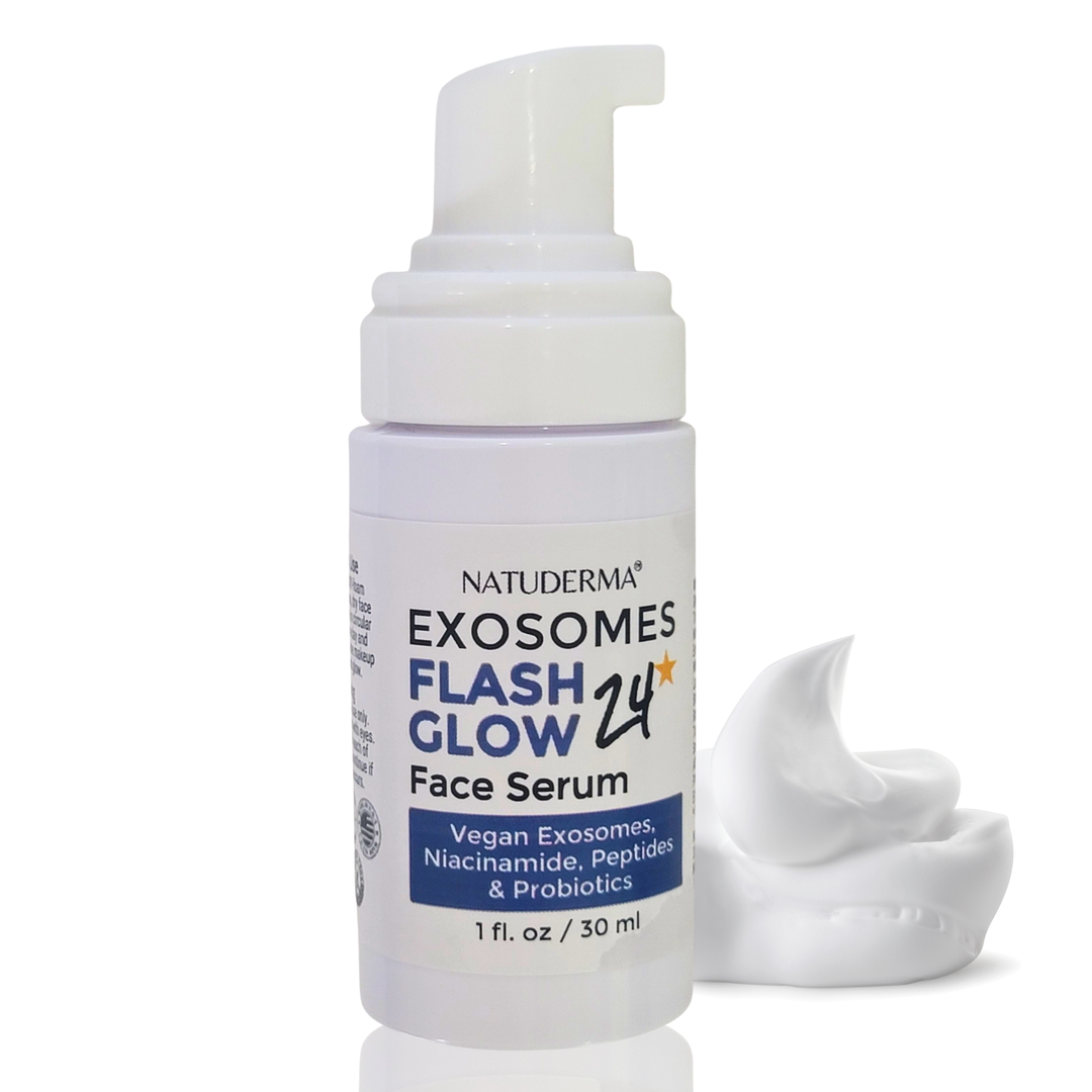 Natuderma Exosomes Flash Glow 24 Face Serum bottle with a pump and a sample of the serum on a white background
